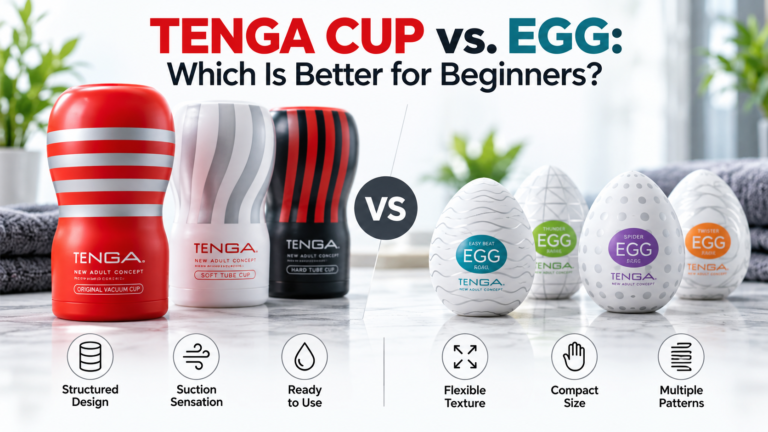 TENGA CUP vs. EGG comparison for beginners, showing structured suction-focused CUP models and compact flexible EGG designs.