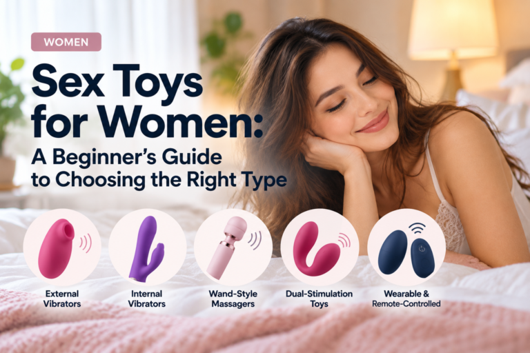 Beginner’s guide to sex toys for women, featuring external vibrators, internal vibrators, wand-style massagers, dual-stimulation toys, and wearable remote-controlled toys.