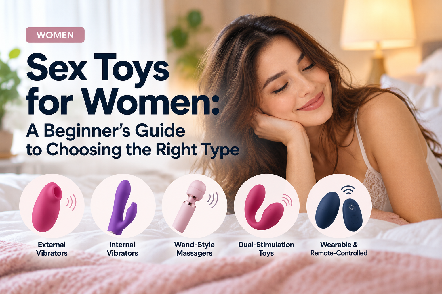 Beginner’s guide to sex toys for women, featuring external vibrators, internal vibrators, wand-style massagers, dual-stimulation toys, and wearable remote-controlled toys.