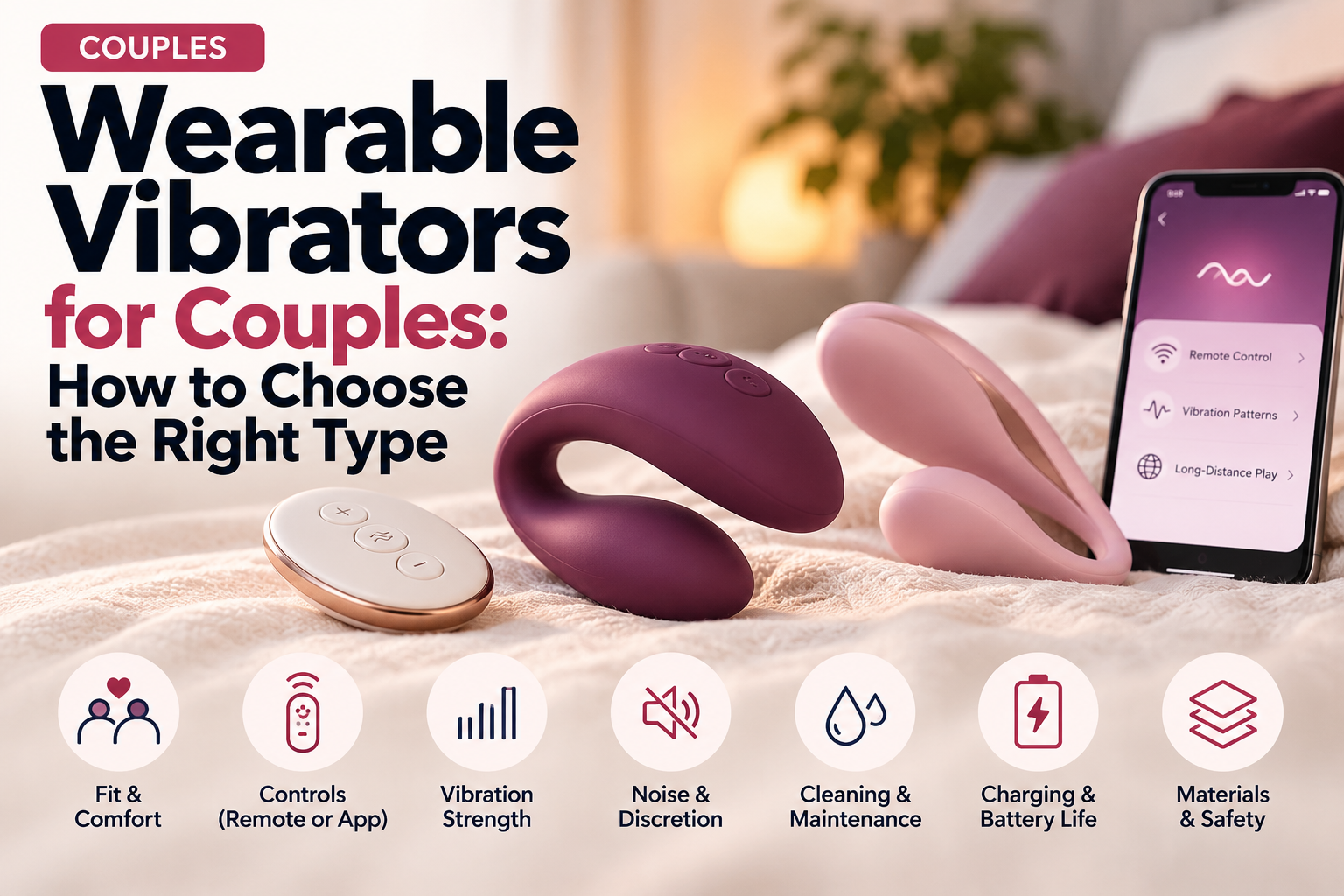 Wearable vibrators for couples with remote and app controls, highlighting fit, comfort, vibration strength, discretion, cleaning, battery life, and materials.