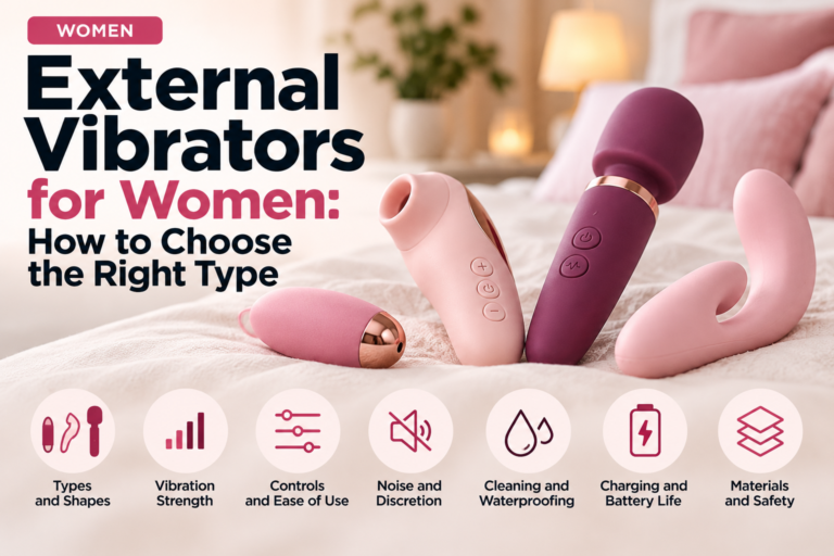 External vibrators for women, showing different shapes and styles with features including vibration strength, controls, noise, cleaning, charging, and materials.