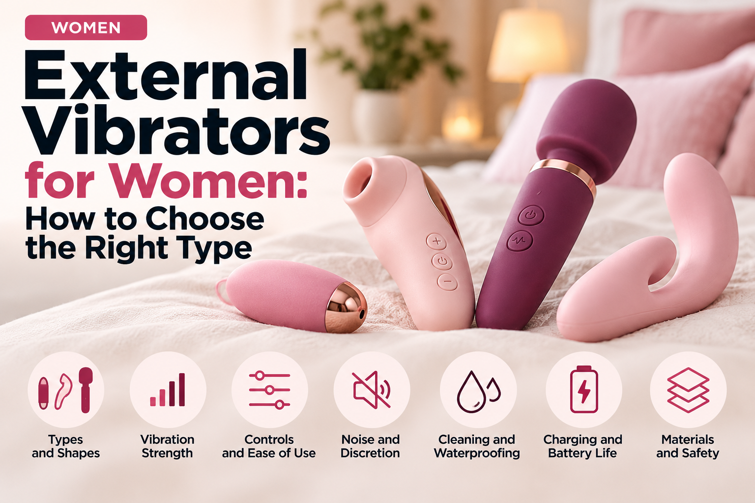 External vibrators for women, showing different shapes and styles with features including vibration strength, controls, noise, cleaning, charging, and materials.