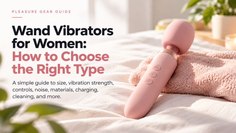 Pink wand vibrator for women on a soft bedroom setting, illustrating size, vibration strength, controls, noise, materials, charging, and cleaning.
