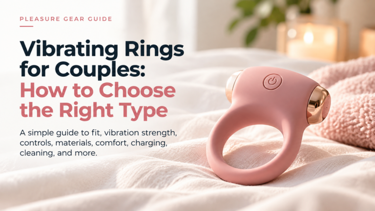 Pink vibrating ring for couples on a soft bedroom setting, illustrating fit, vibration strength, controls, materials, comfort, charging, and cleaning.