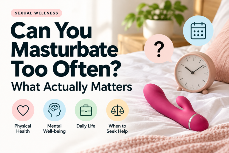 Can You Masturbate Too Often sexual wellness guide with vibrator, clock, and health icons