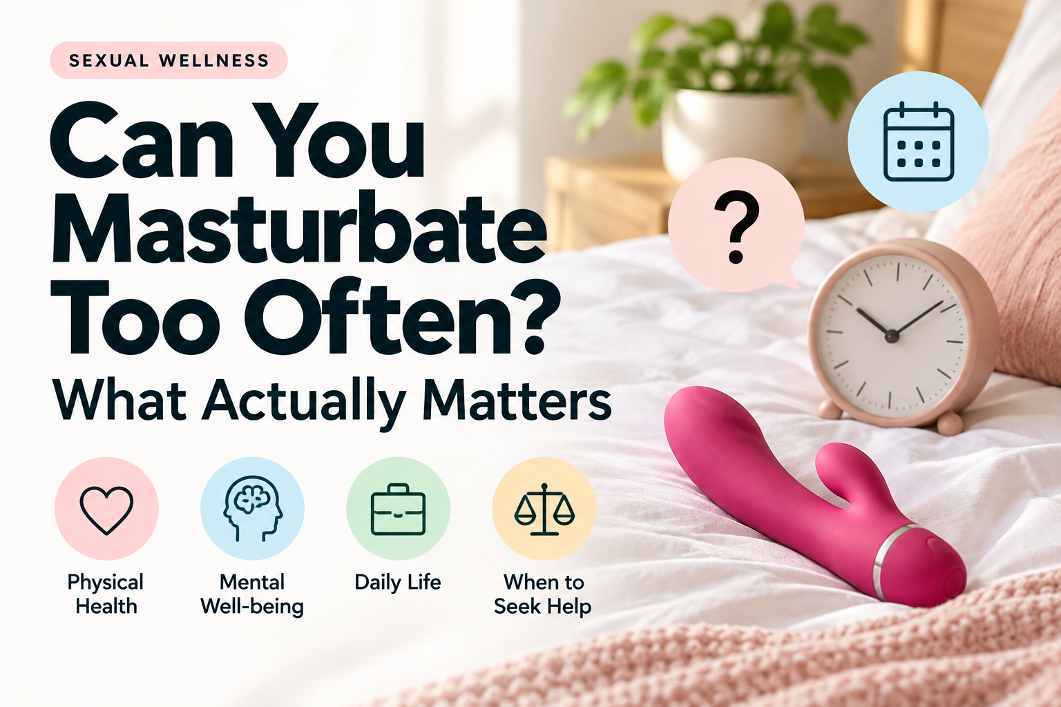 Can You Masturbate Too Often sexual wellness guide with vibrator, clock, and health icons