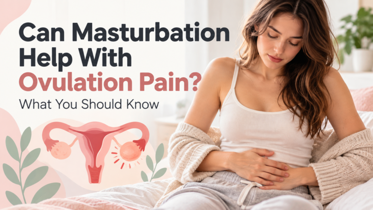 A woman holding her lower abdomen, with an illustration of the female reproductive system, representing ovulation pain and menstrual wellness.